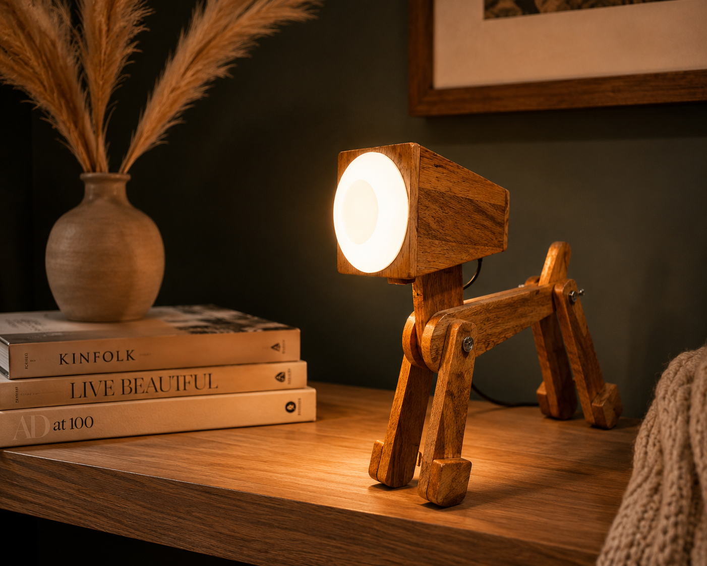 Wooden Dog Lamp — Handcrafted Poseable Figure Light