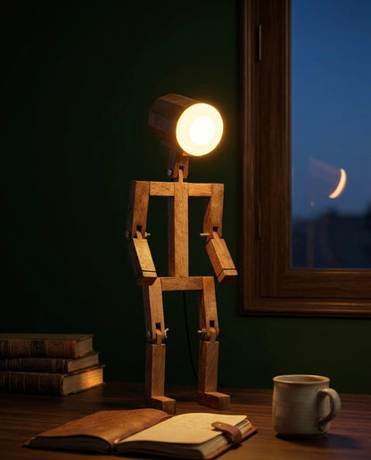 Wooden Robot Man Desk Lamp — Handcrafted Poseable Figure Light