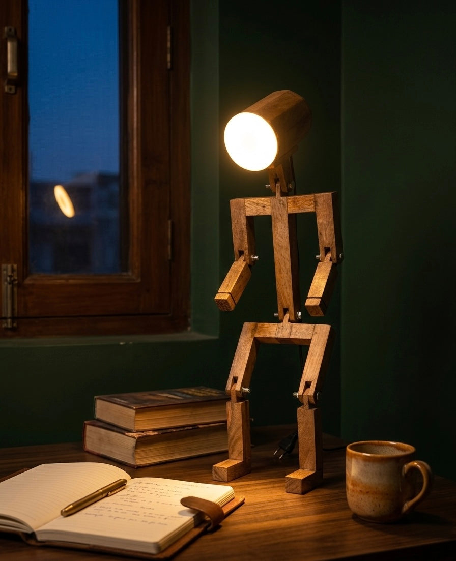 Wooden Robot Man Desk Lamp — Handcrafted Poseable Figure Light