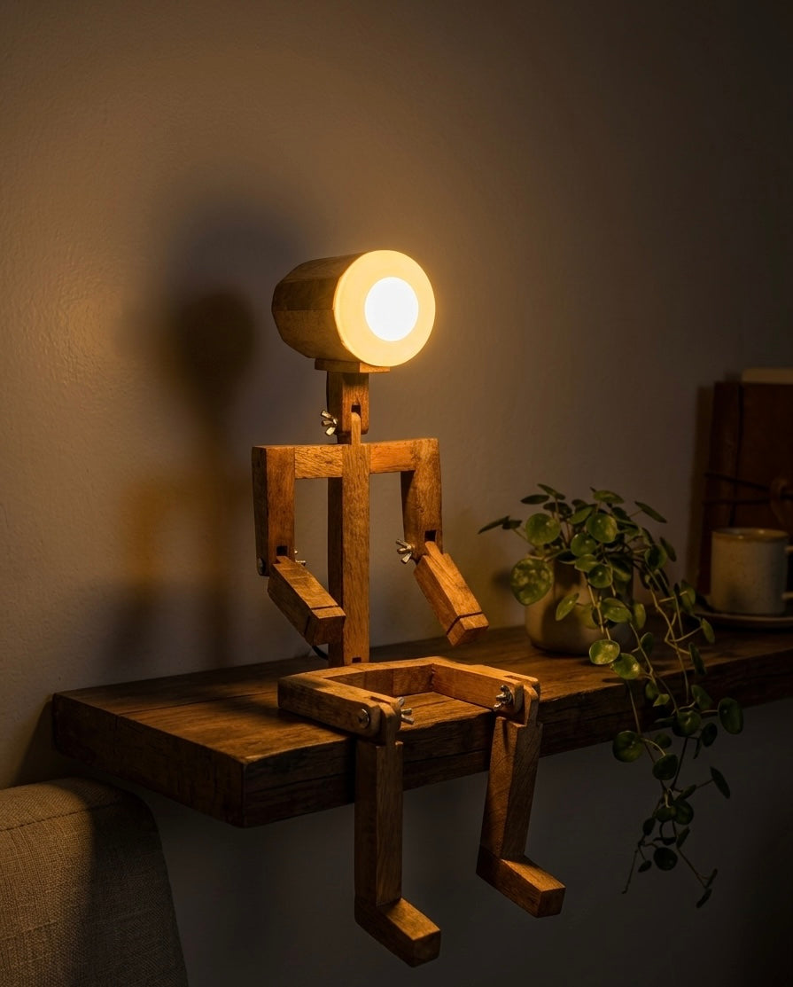 Wooden Robot Man Desk Lamp — Handcrafted Poseable Figure Light