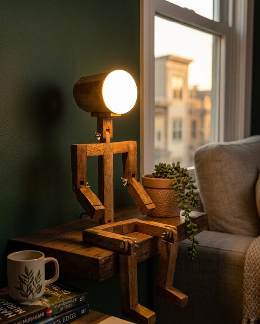 Wooden Robot Man Desk Lamp — Handcrafted Poseable Figure Light